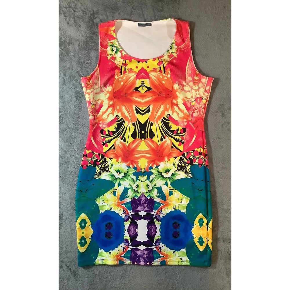 Soprano Floral Mirror Print Bodycon Dress XL Sleeveless Multicolor Scuba Stretch